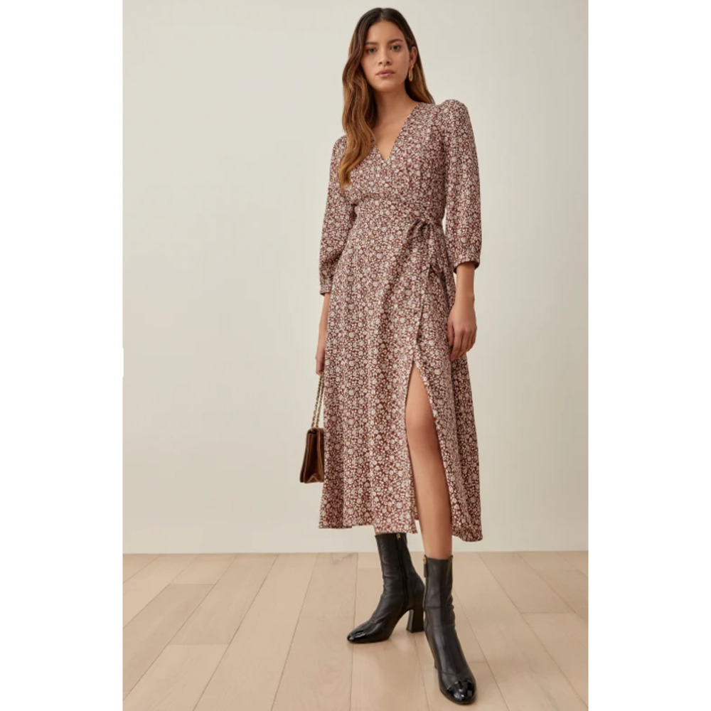 Reformation Floral Brown Wrap Dress XS